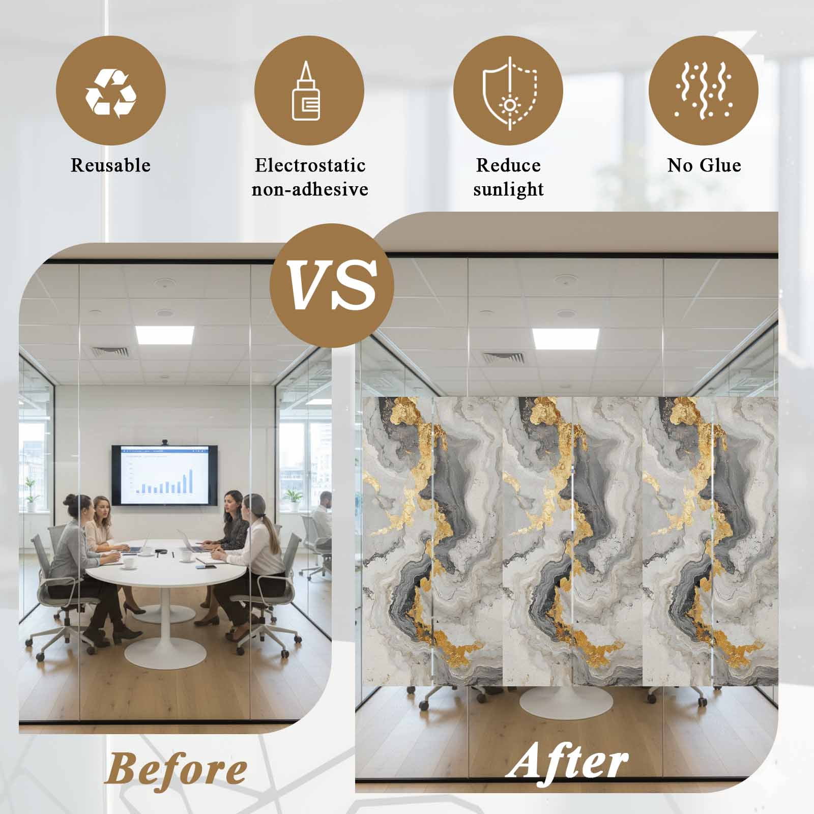 Non-Adhesive Static Cling Window Tint, Grey Ombre Marble Window Privacy Film Frosted, Golden Gray Marble Crack Abstract Art Insulated Windows Frosted Films for Living room, 35.4 x 78.7 Inches
