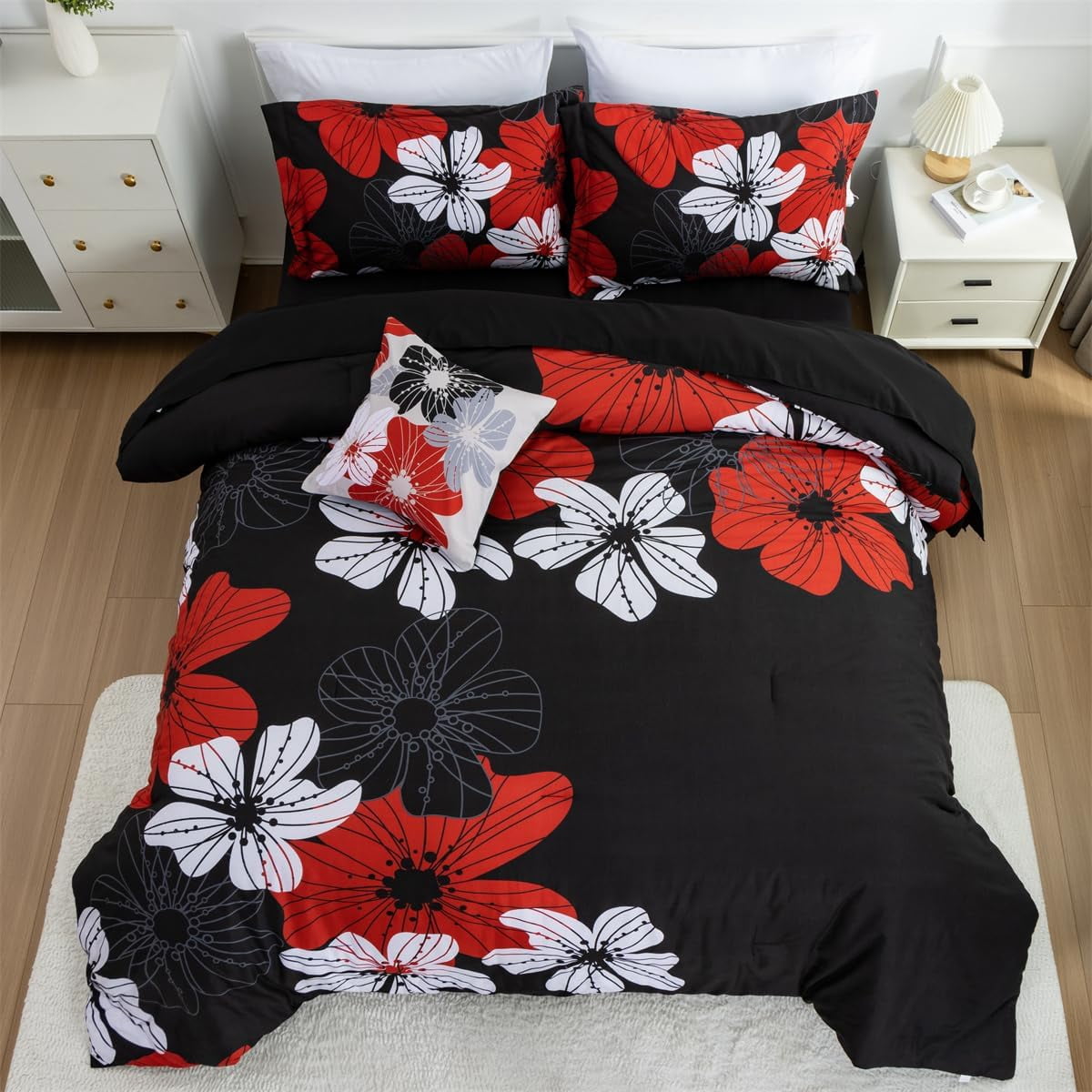 NTBED Floral Comforter Set King 6 PCS Bed in a Bag Red Flowers Printed on Black Botanical Bedding Sets Boho