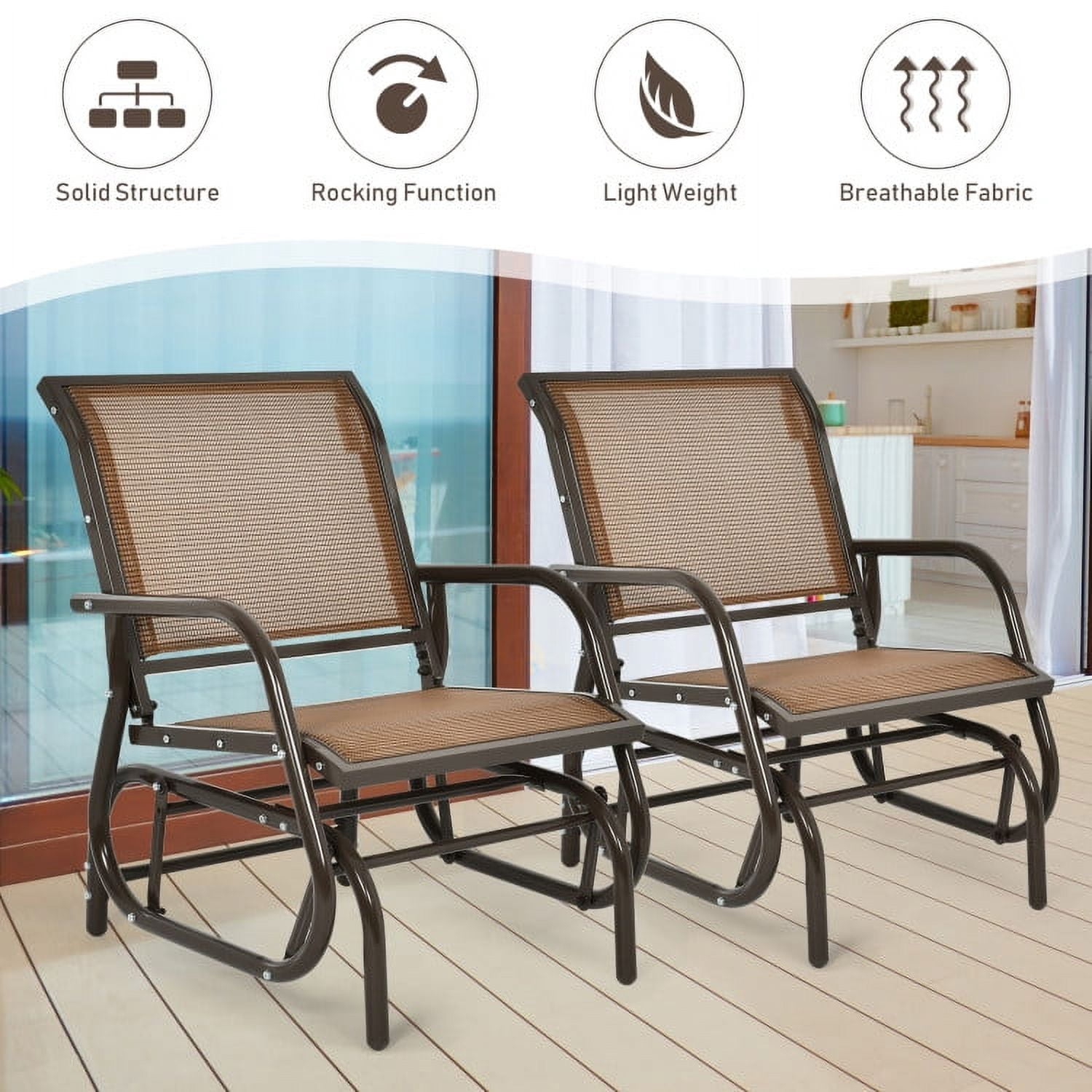 Spaco Outdoor Single Swing Glider Rocking Chair with Armrest-Brown, Outdoor Glider Rocking Chair Cushion Lawn for Porch,Backyard,Indoor and Garden, Brown
