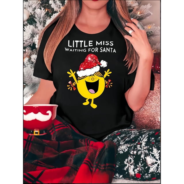 Camiseta para mujer verano cuello redondoCreative Christmas Hat Girl Pattern Printed Women'S Trendy Round Neck Short Sleeve, Simple Casual Sports T-Shirt, Comfortable Summer Top for Holidays.Father'