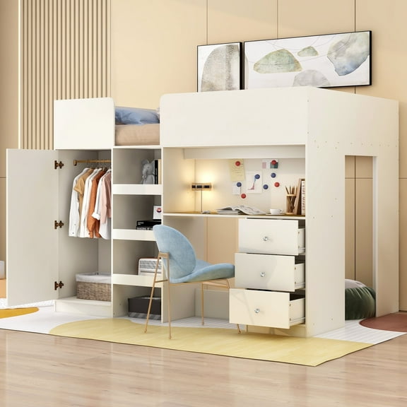 Kumix Loft Bed with Desk, Wood Loft Bed Full Size with Built-in Wardrobe Storage, Shelves and Drawers for Teens Adults, Heavy Duty Loft Bed Frame for Bedroom, Noise-Free, Easy Assembly, White