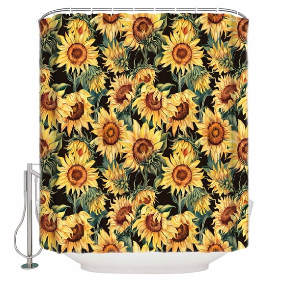 Shower Curtain Bathroom Set Watercolor Farm Sunflower Waterproof Fabric Shower Curtains with Grommets&Hooks Country Floral on Black Privacy Bath Curtain for Bathtub 36x72in