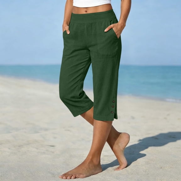 Cotton Linen Capri for Women Petite Tailored Split Button Elastic Waist Capris Light Weight Summer Casual, L