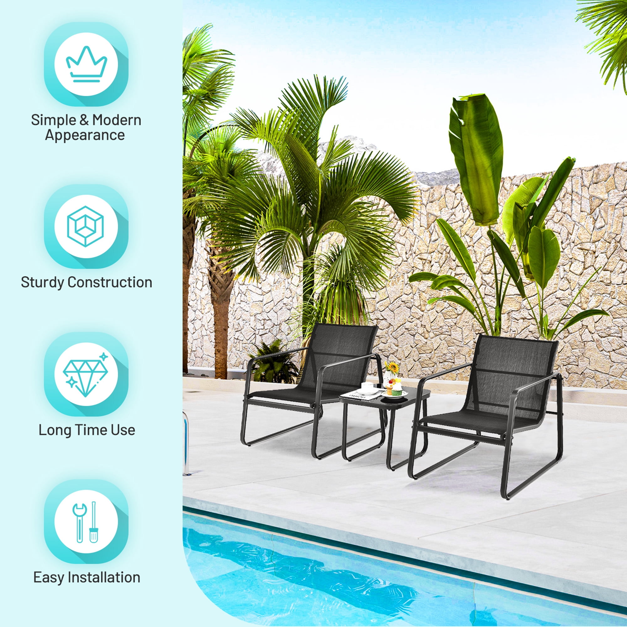 Gymax 3PCS Patio Bistro Set Conversation Furniture Set w/ Fast-Drying Fabric