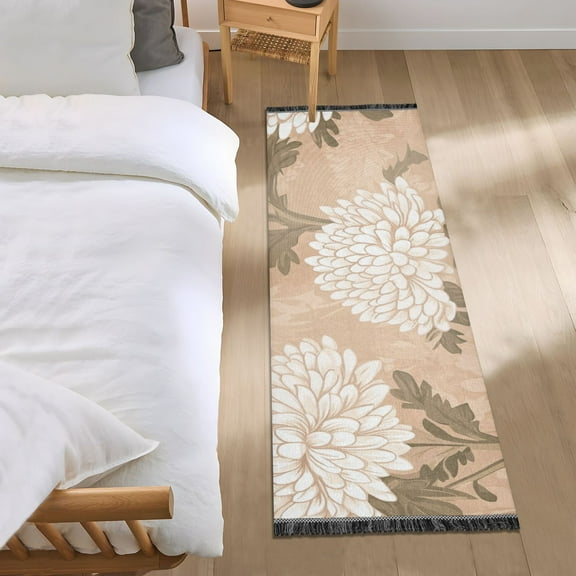 Illustration Of Chrysanthemums in Beige and Brown Colors Bedroom Runner Rug 2'x 6' Non Slip Carpet Indoor Home Area Rug Living Room
