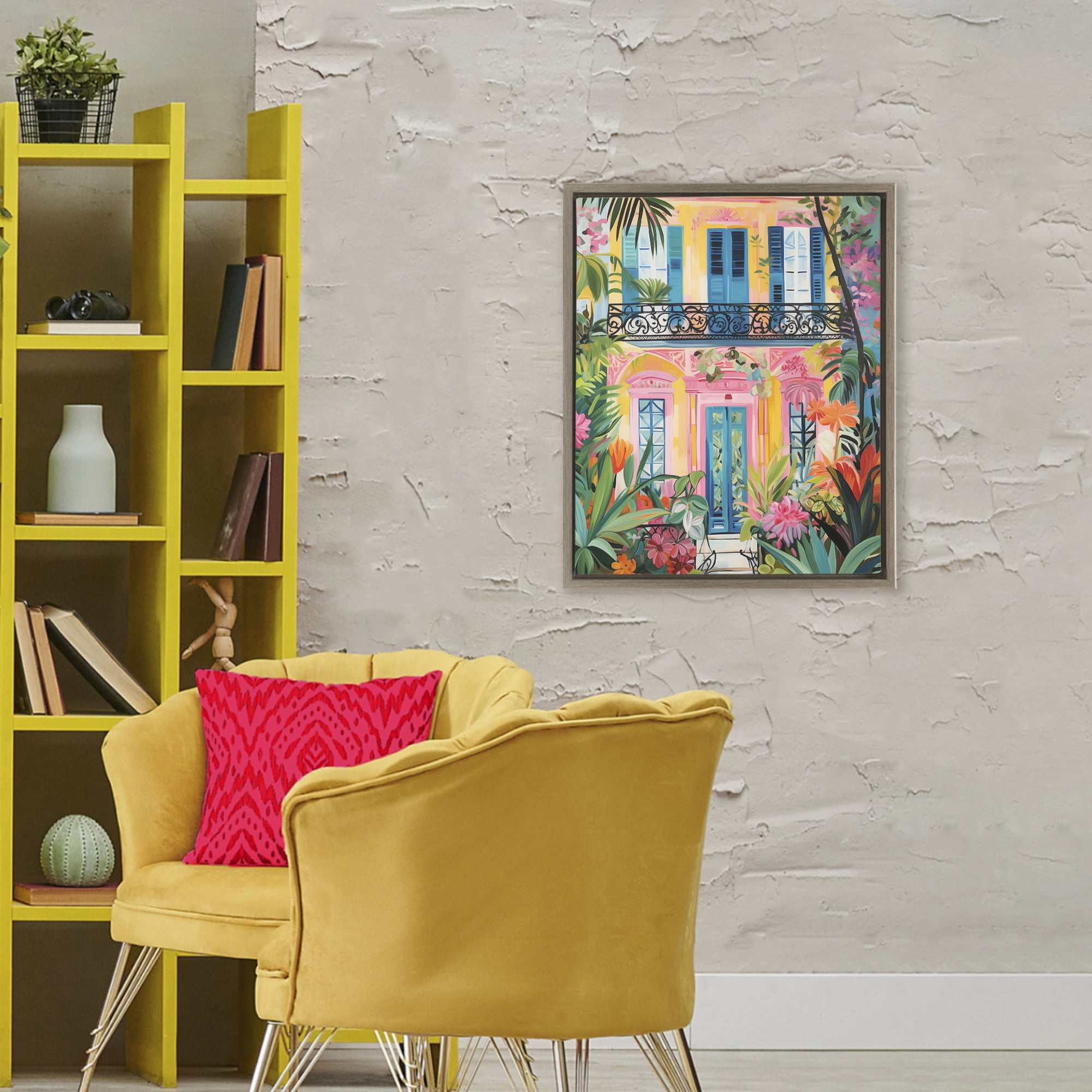 Stupell Industries Colorful Facade with Tropical Garden Brown Framed Floater Canvas Wall Art, design by LSR Design Studio