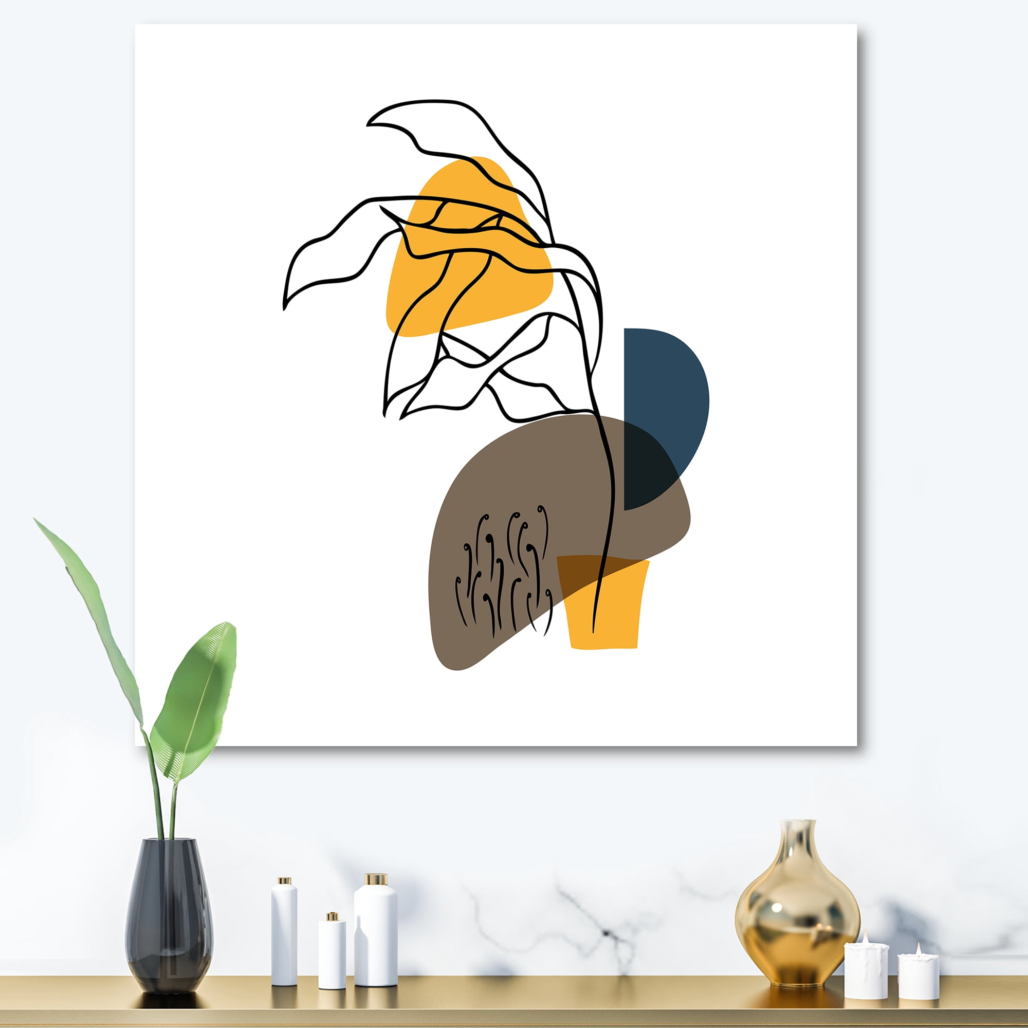 Abstract Minimal Shapes Under Flowers V 16 in x 16 in Painting Canvas Art Print, by Designart