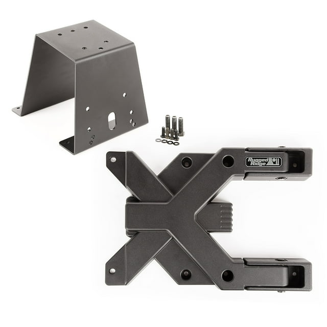 Rugged Ridge Spare Tire Carrier 11546.60 Replaces OE Tailgate Hinge; Allows Up To 35 Inch Tire; Powder Coated; Black; Aluminum; With Hinges/Reinforcement Bracket/Center High Mount Stop Light Bracket