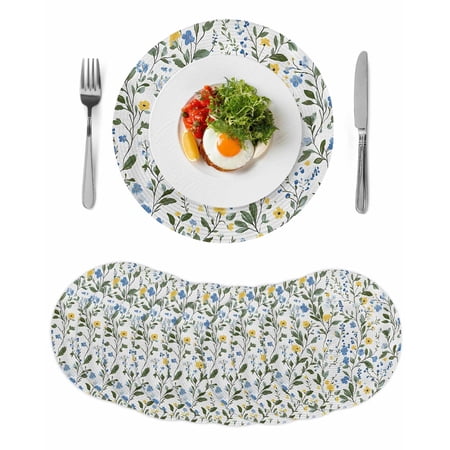 Blue Yellow Spring Floral Round 15 Inch Placemats Set of 8 Summer Elegant Botanical Green HeatResistant Non Slip Place Mats for Dining Table Wipeable Braided Kitchen Table Mats for Housewarming
