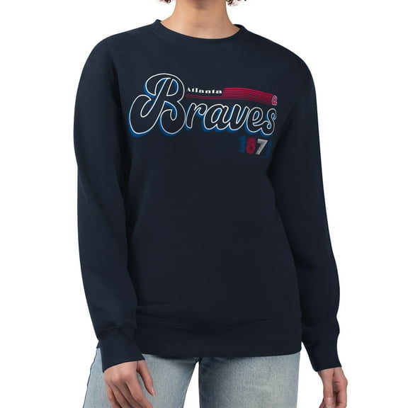 Women's Starter Navy Atlanta Braves Groovy Script Team Fleece Pullover Sweatshirt