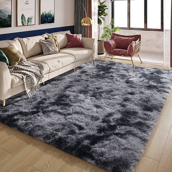 Soft Fluffy Rug for Bedroom,Tie Dye Rugs for Living Room,Non Slip Shaggy Plush Carpet for Kids Nursery Toddler,1x5 Feet Area Rugs for Room Floor,Dark Gray/Black