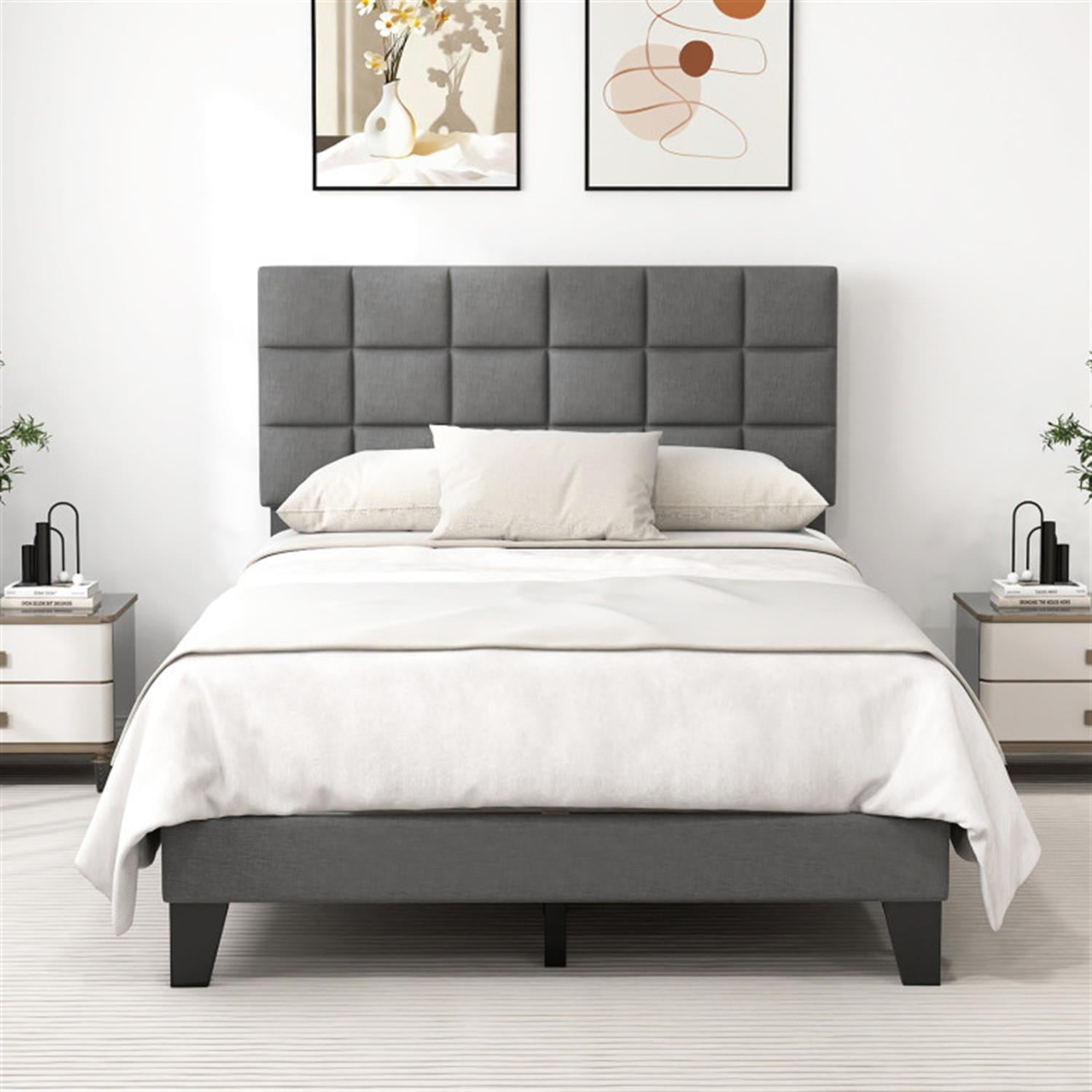 Demi Bonn Full Size Bed Frame with Adjustable Headboard, Modern Linen Platform Bed Frame with 10 Strong Wood Slat Support, No Box Spring Needed, Gray