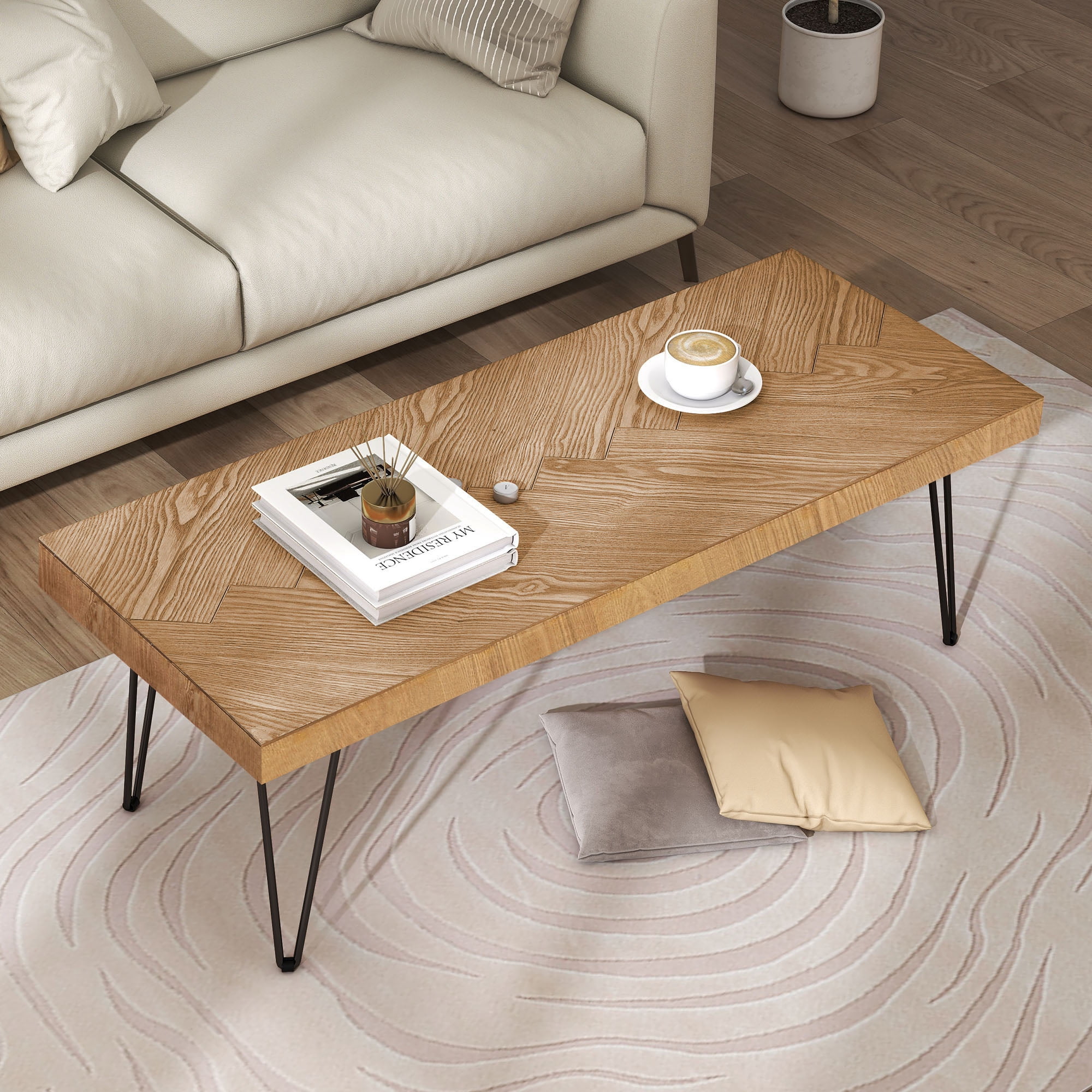 MAYEERTY Modern Coffee Table with Chevron Pattern & Metal Hairpin Legs, Easy Assembly Tea & Cocktail Table for Living Room, Ash Wood Finish