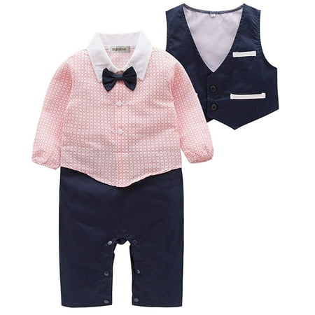 

Stylesilove Toddler Boy Long Sleeve Bow-tie Tuxedo Romper with Vest 2 Pcs Outfit