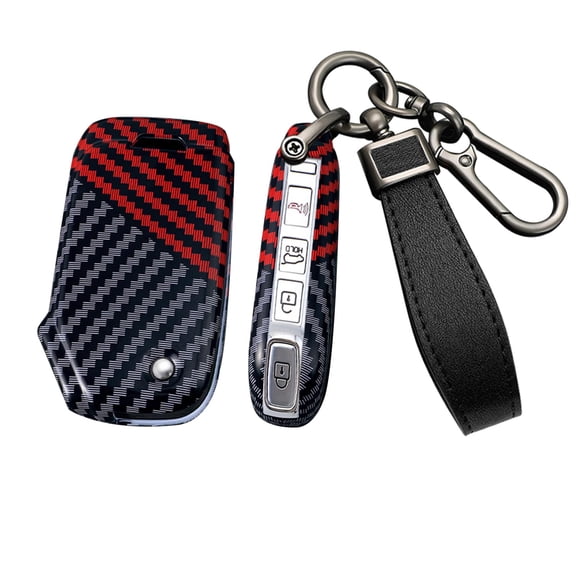 Carbon Fiber Pattern 3/4 Button Flip Key Fob Cover Compatible with Kia K5 2023 2024 Forte Seltos Soul Sportage Sorento Cerato Keyless Key Case with Leather Keychain