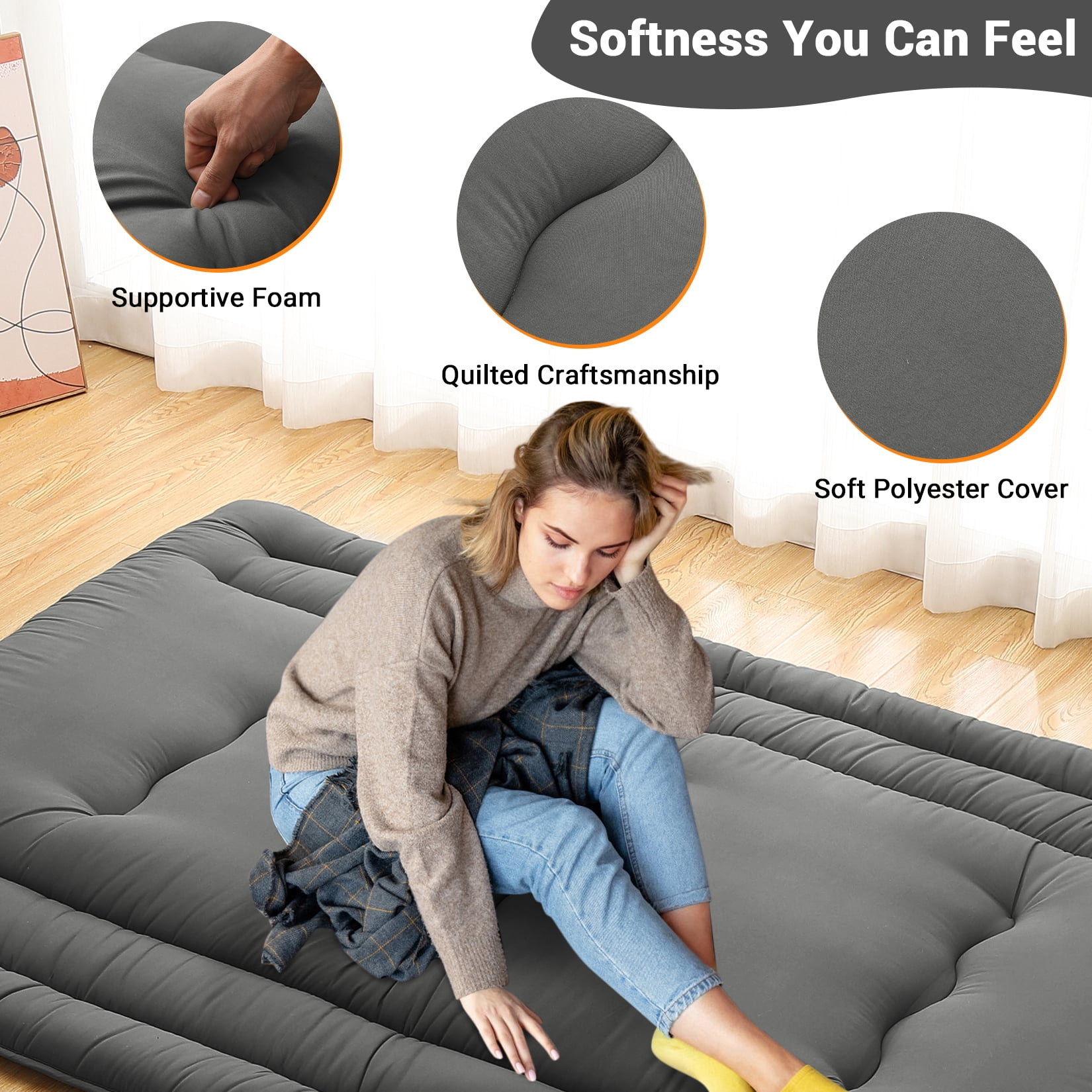 Full Size Foldable Floor Mattress, Japanese-Style Roll-Up Foam Sleeping Mat, Space-Saving Tatami Floor Bed for Living Room or Bedroom, Dark Gray
