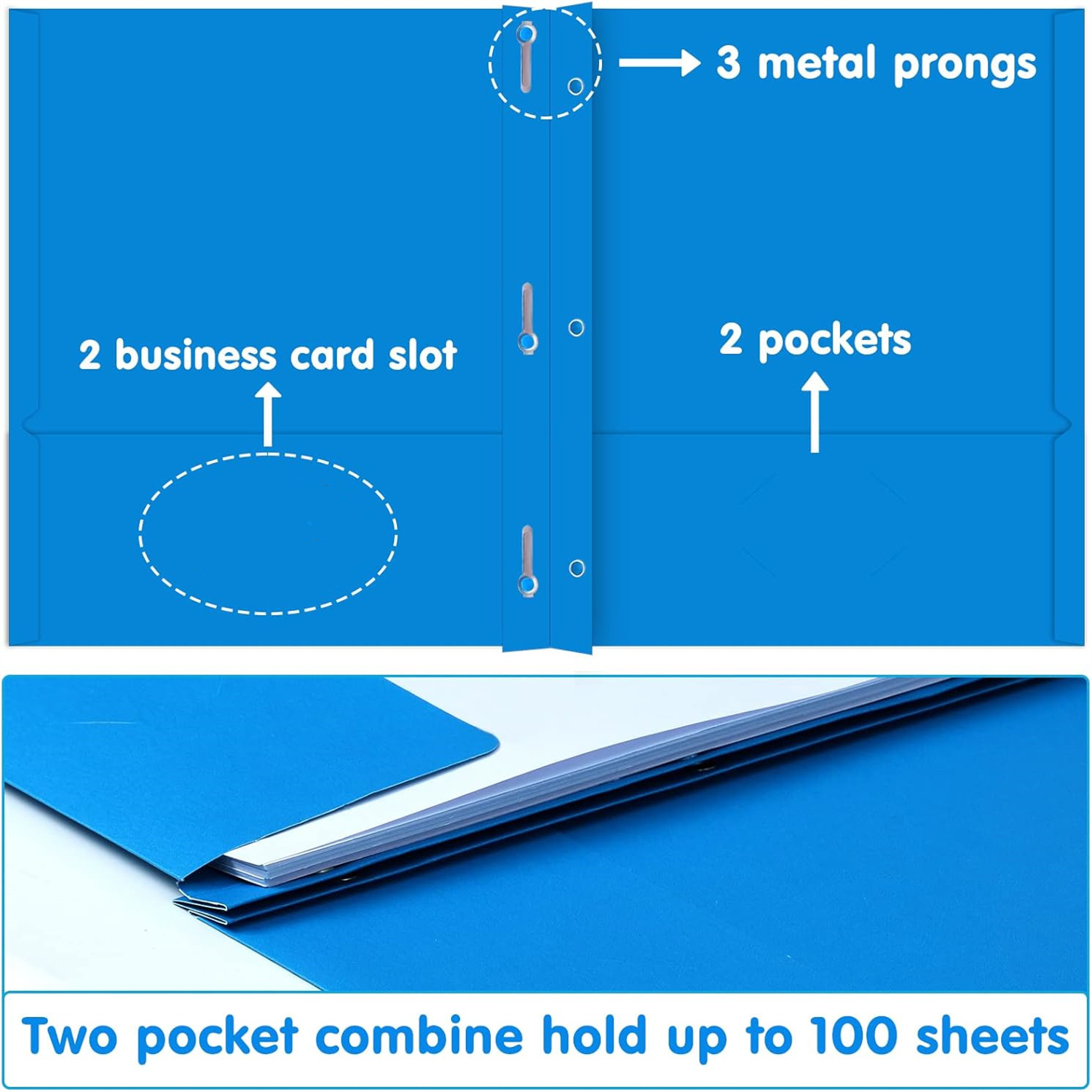 Two Pocket Folder,  100 Pack 2 Pocket Folders with Prongs, Business Card Slots Letter Size Paper Folders Designed for Office and Classroom Use