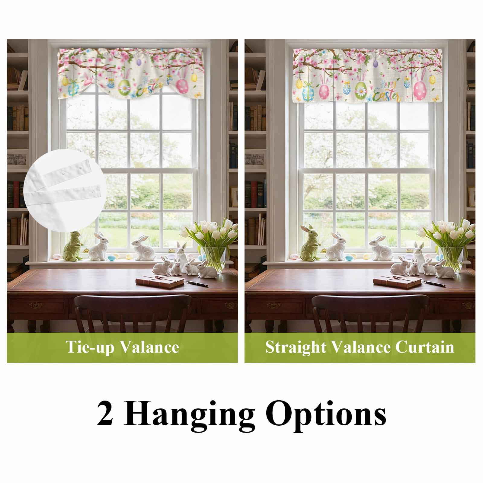 Happy Easter Tie Up Valances Curtain, Colorful Rabbit Ears on Easter Egg Spring Floral Tree Linen Texture Adjustable Rod Pocket Short Window Treatment Tie Up Curtains for Kitchen Living Room 60x18 In