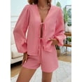 thumbnail image 2 of Women'S 2 Piece Outfits Set Long Sleeve Tie Front Top Short Set Casual Tracksuit Pajama Sets Red XL, 2 of 8