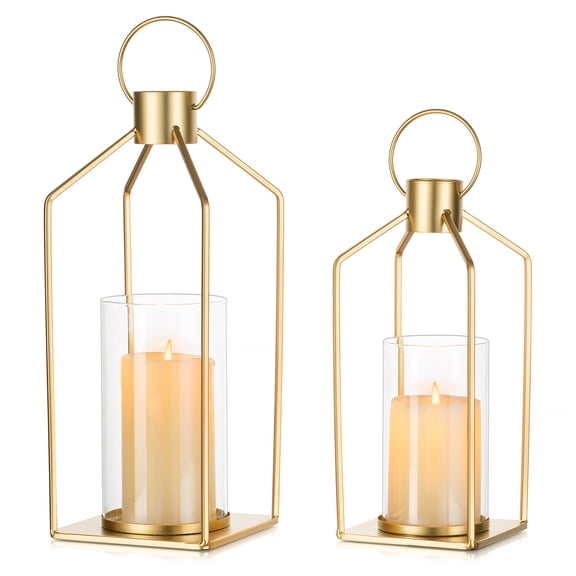 Glasseam Set of 2 Gold Lantern Decorative Pillar Candle Holders: Glass Hurricane Candle Holder for Christmas Front Porch Fireplace Outdoor Decor