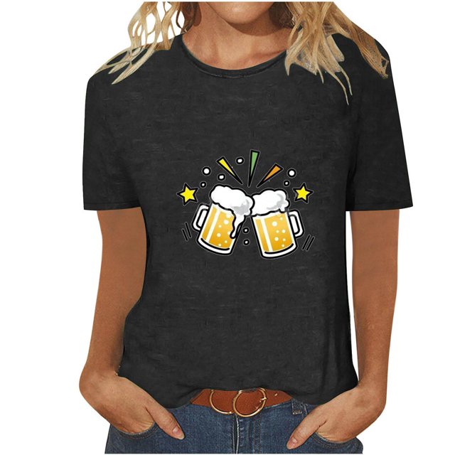 Tops Cortos para Mujeres, Oktoberfest Casual Impreso Cuello Redondo Manga Corta Camiseta Top Hecho de Poliéster para la Primavera Verano Uso Diario, Camisetas Casuales de Mujer