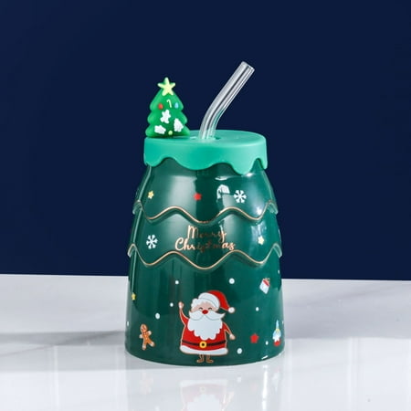 

RHOO Christmas Ceramic Cup with Lid and Straw Large Capacity Mug Creative Christmas Gift High Color Value Water Cup Accompanying Gift