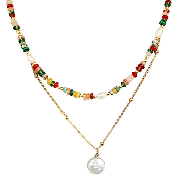 Natural Stone Rainbow Beaded Necklace, Dopamine-Inspired Crystal Tourmaline Pearl Choker, Layered Luxury Neck Chain, Women's Colorful Jewelry Accessory