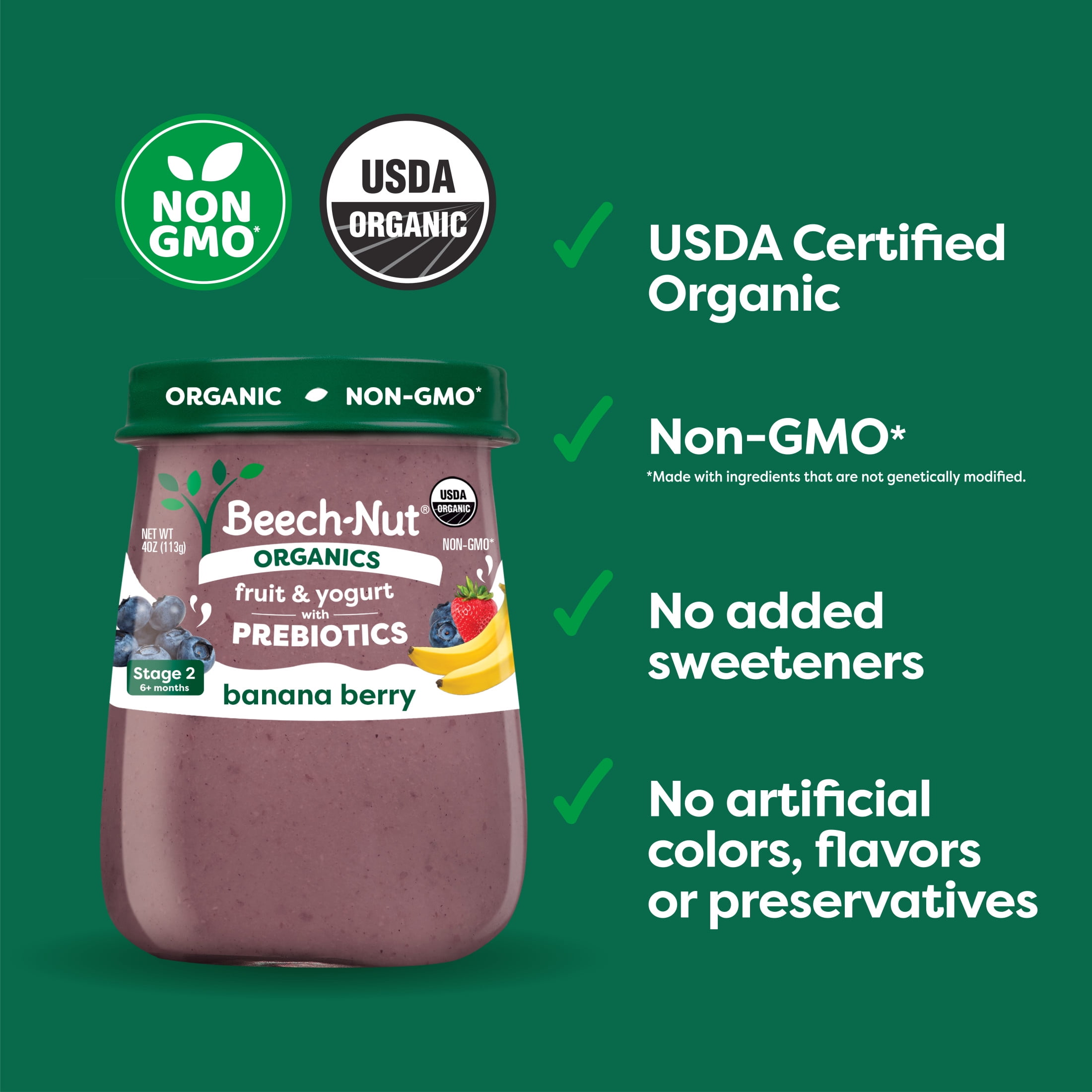 (6 pack) Beech-Nut Organics Fruit & Yogurt Baby Food + Prebiotics, Banana Berry, Stage 2, 4oz Jar
