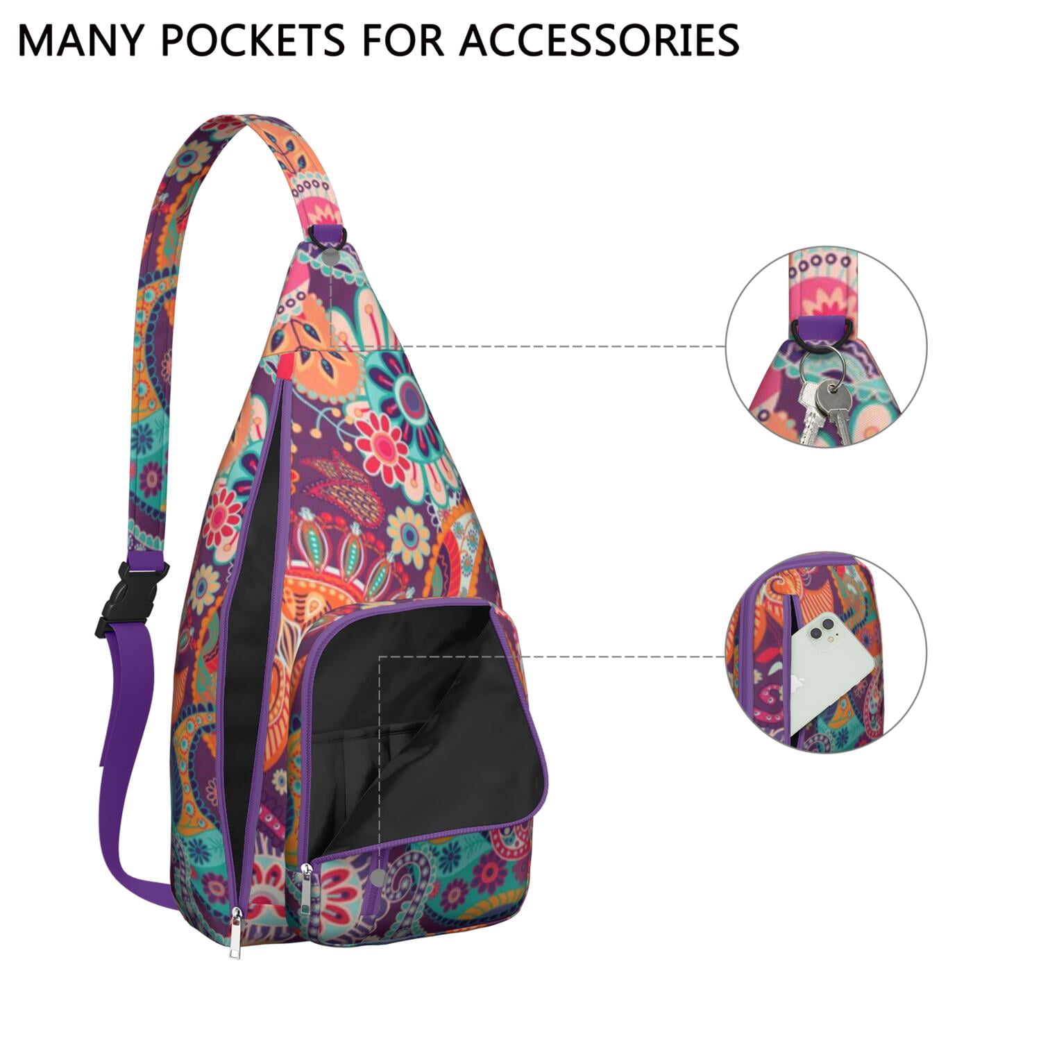 Waterproof Hiking Sling Backpack for Women – Lightweight Crossbody Bag with Adjustable Strap, Chest Bag for Travel & Outdoor Adventures – Paisley Boho Vintage Floral, Chic Retro Design