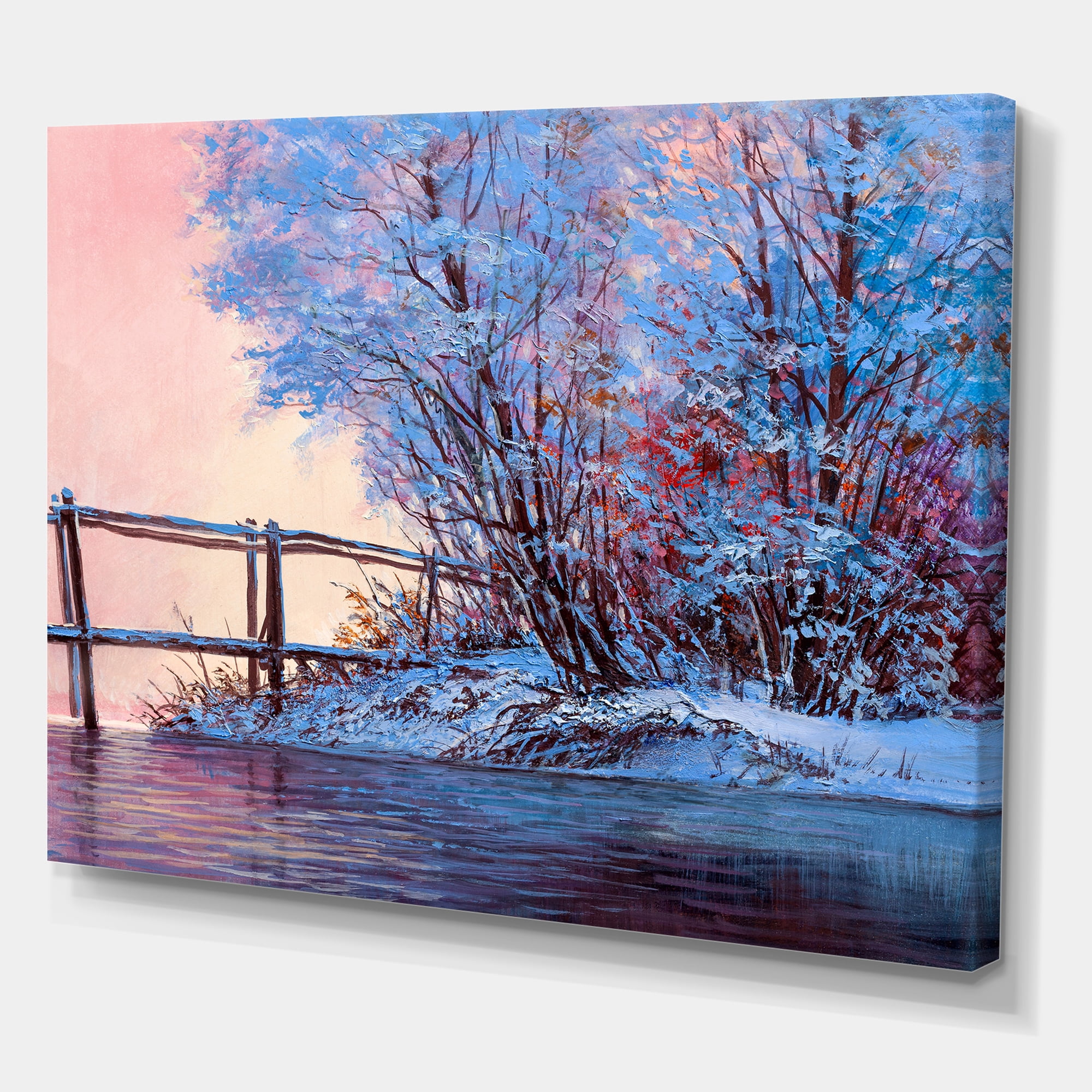 Designart ' Bridge Of Meandering River With Winter Scenery I ' Lake House Canvas Wall Art Print