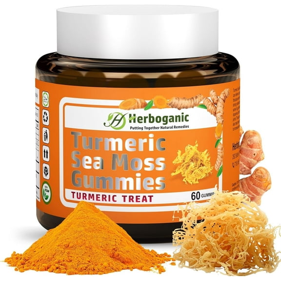 Herboganic Turmeric Sea Moss Gummies - Natural Dietary and Herbal Supplement For Skin and Energy Support with Sea Moss, Boost Immune System - 60 Gummies