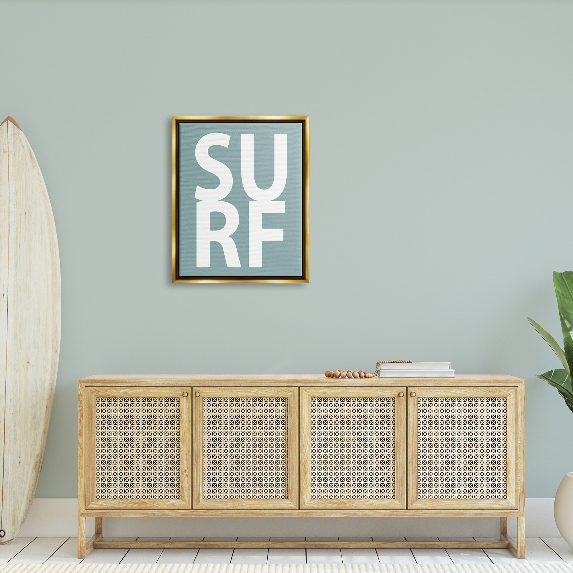 Stupell Surf Summer Fun Turquoise Phrase Landscape Painting Gold Floater Framed Art Print Wall Art