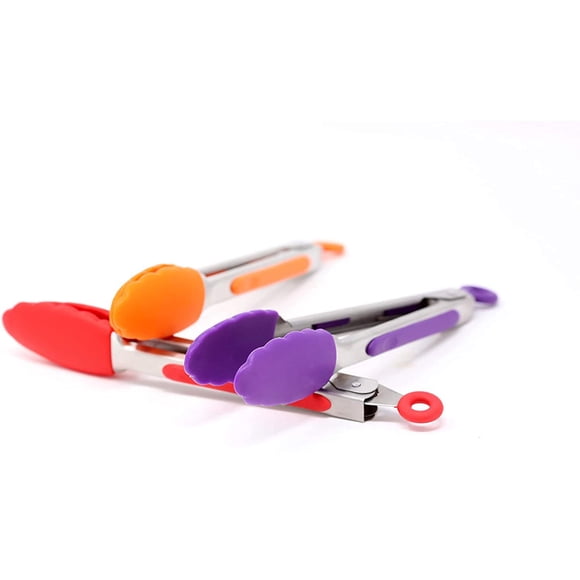 Mini Pinzas De Cocina De Silicona De 7 Pulgadas De Acero Inoxidable - Juego De 3 (Rojo, Naranja Y Morado) - Mini Pinzas Para Servir Alimentos, Cocinar Ensaladas Y Asar