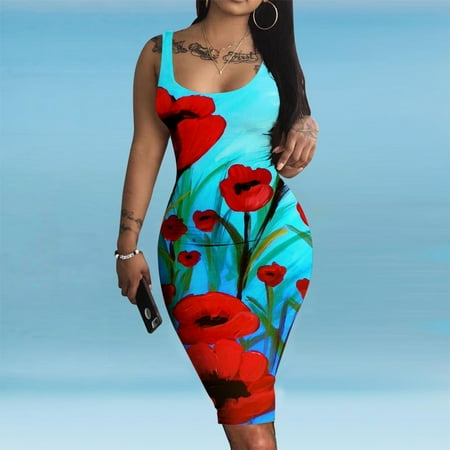 

cllios Women Fashion Summer Casual Printed Cold Shoulder Skinny Tank Sleeveless Slim Fit Dress for Women 2022