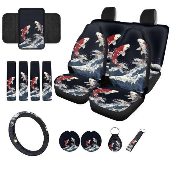 chaqlin Chinese Koi Fish Print Car Seat Covers 14Pcs Car Accessories with Universal Fit Steering Wheel Covers Seatbelt Pads Keychain Cup Holder Fit Most Vehicles