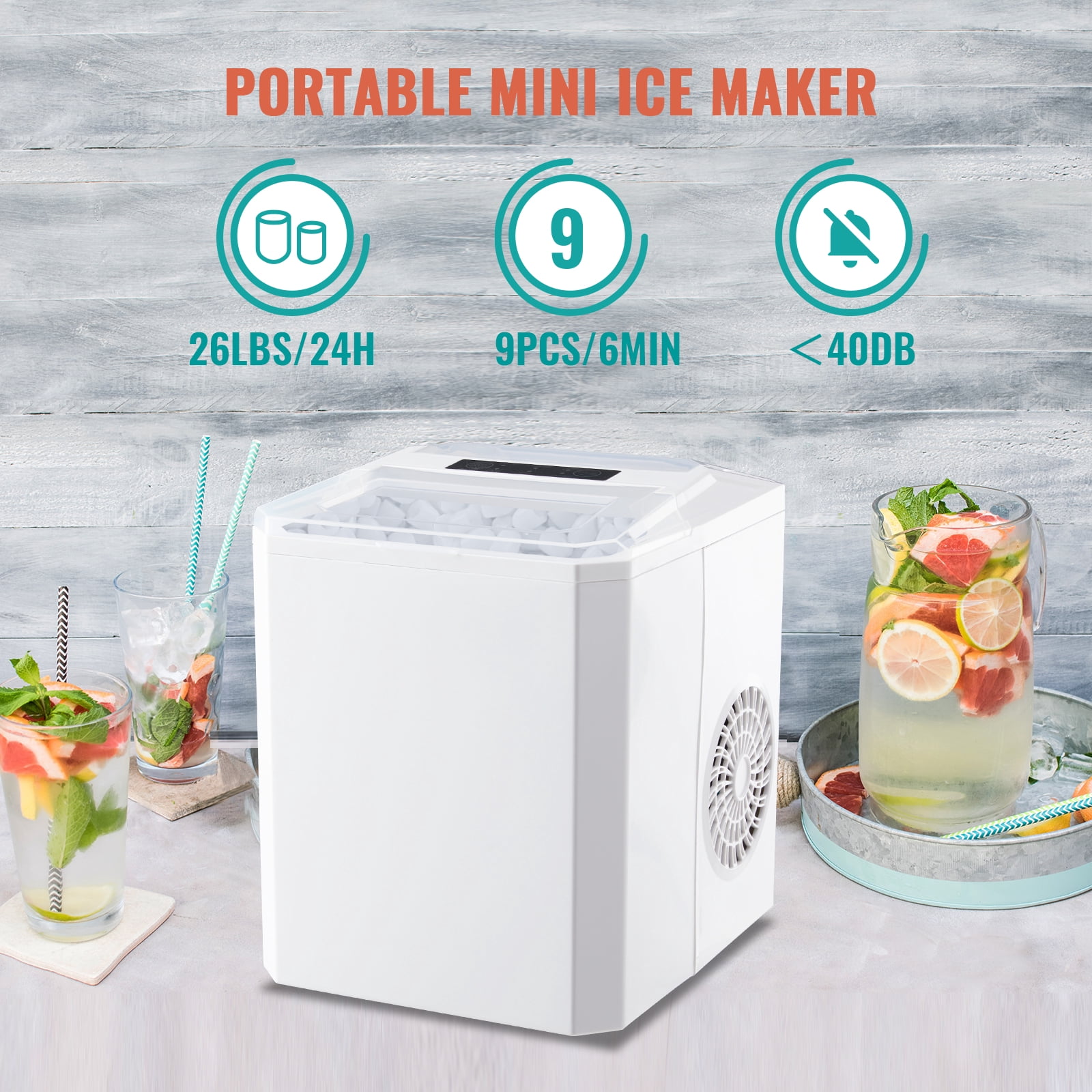 WANAI Ice Maker Countertop 26 lbs/24H 9 Ice Cubes Ready in 6-8 Minutes Small & Large Ice Cubes White