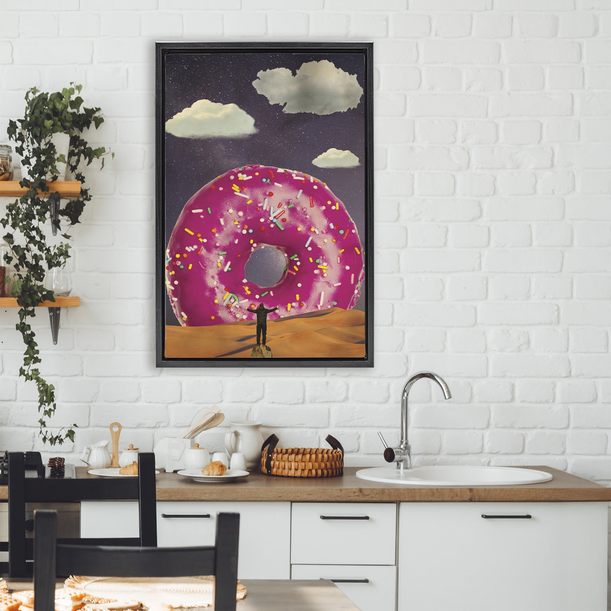 Happy Days Giant Donut Black Framed Floater Canvas Wall Art, design by Elo Marc