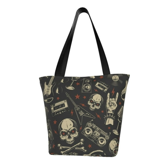 TEQUAN Reusable Shoulder Tote Bags, Skull Rock and Roll Music Prints Polyester Casual Shopping Grocery Bag for Women