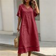 thumbnail image 6 of Vivianyo HD Women's V-Neck Fringe Trim Maxi Dress, Short Ruffle Fringe Sleeve Solid Linen Blend Loose Casual Summer Dresses for Women Vacation, Women's Wine, Sizes S-2XL, 6 of 7