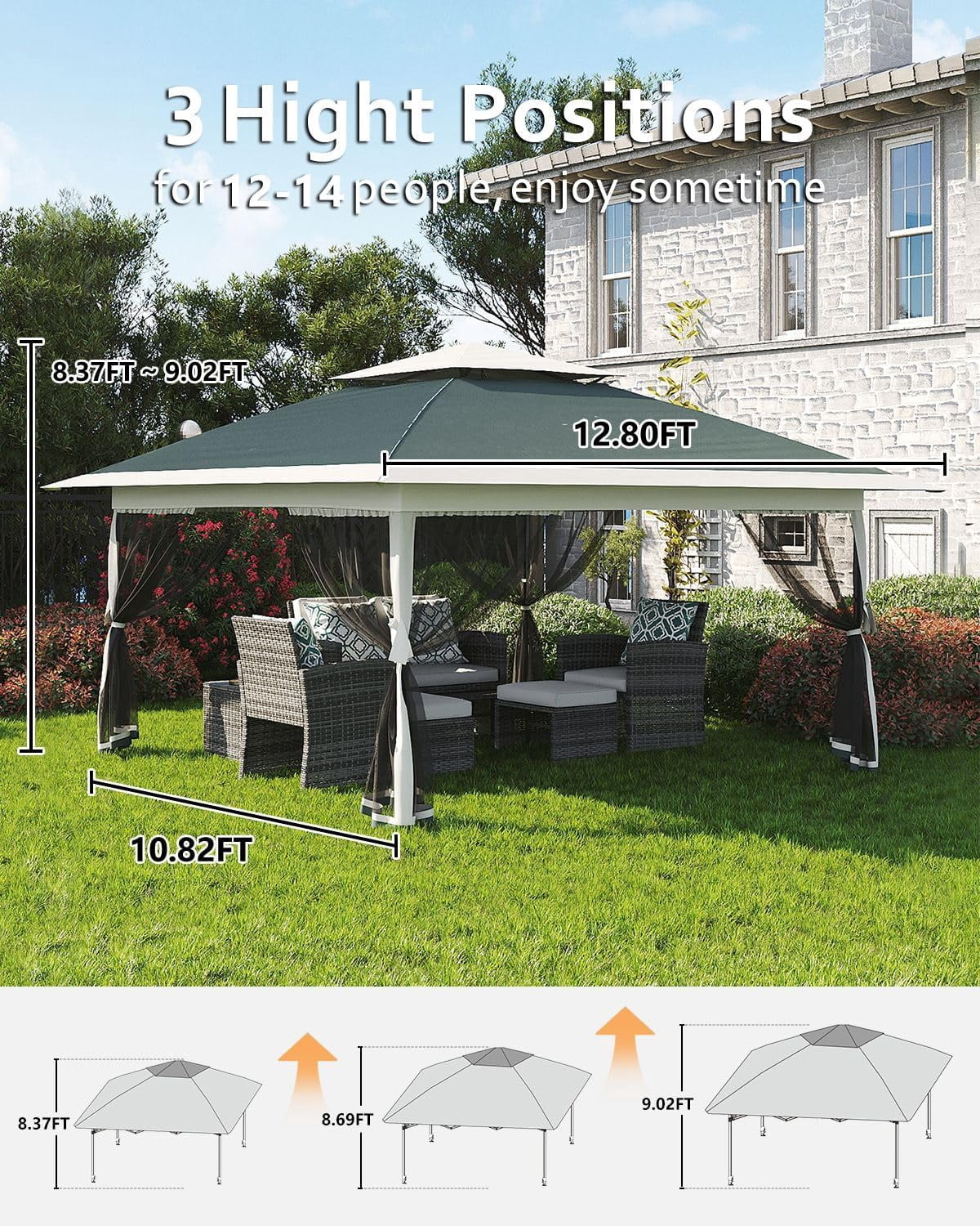 Luku 13x13FT Pop Up Gazebo, Canopy Tent with Mosquito Netting - Outdoor Gazebo for Backyard & Patio Furniture - Pop Up Tent with Wheeled STO-N-Go Cover Bag