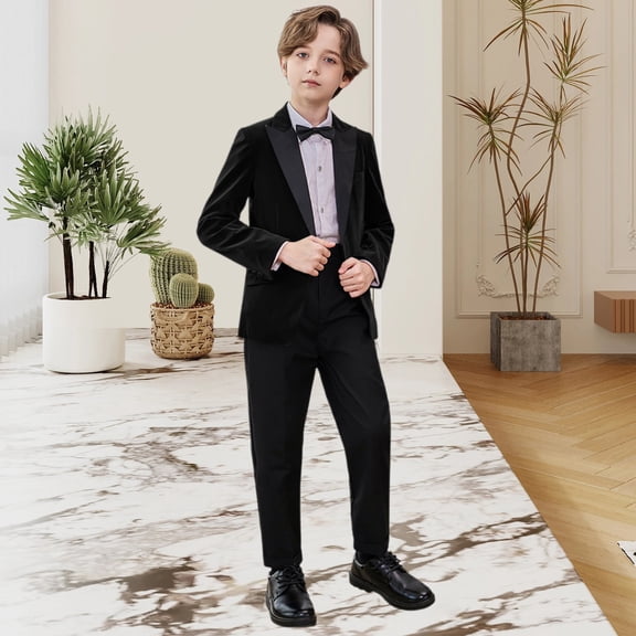 Kids British Style Suit Set, 5-Piece Blazer Pants Shirt Bow Tie Set for Boys, Flower Boy Wedding Pageant Piano Recital Outfit, First Birthday Party Suit Black 100