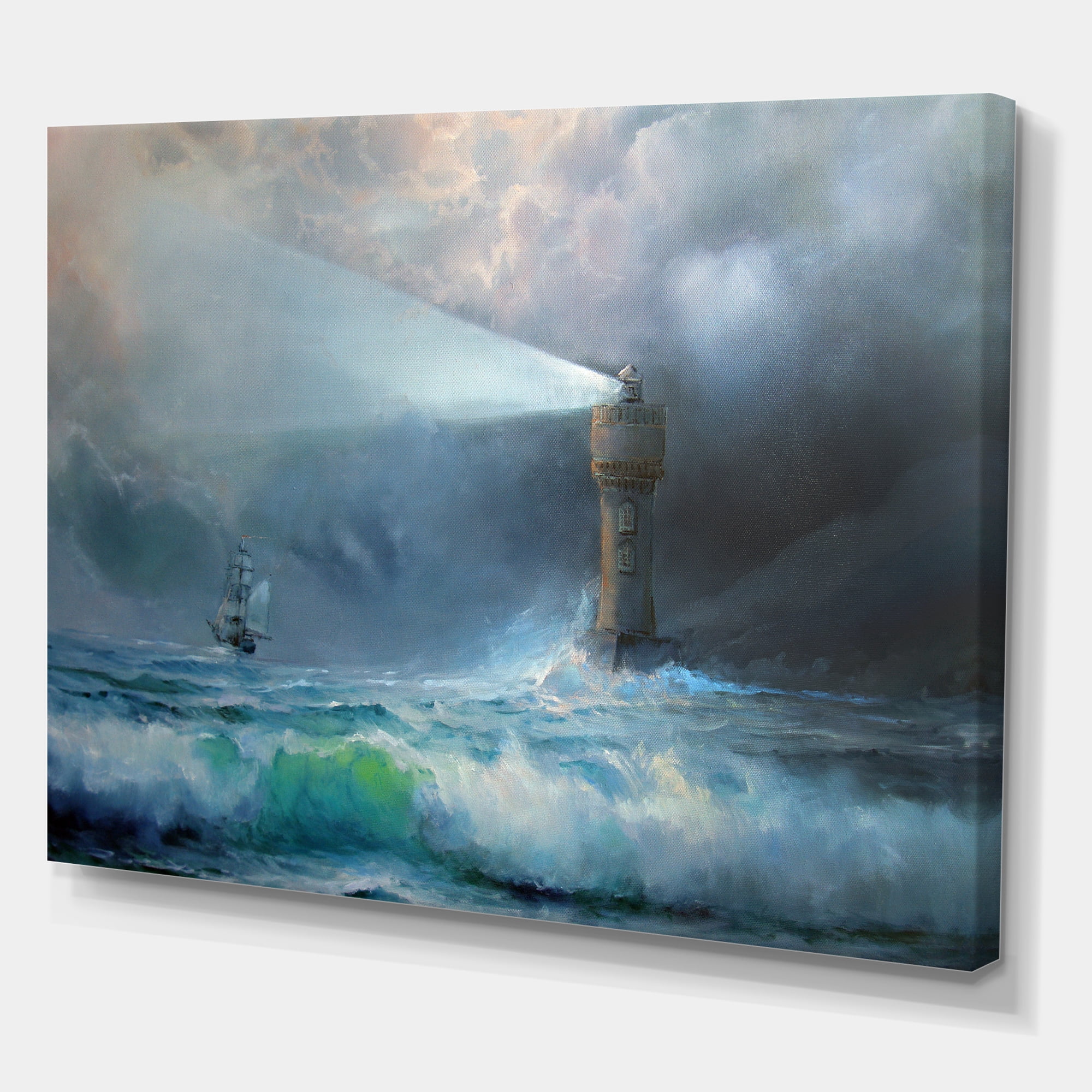 Designart ' Lighthouse Shining Light During Stormy Clouds Night II ' Nautical & Coastal Canvas Wall Art Print