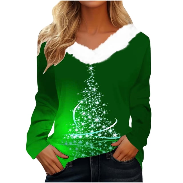 Birdeem T-Shirt de Noël en Peluche Imprimé pour Femmes Col en V Patchwork Manches Longues Ajusté
