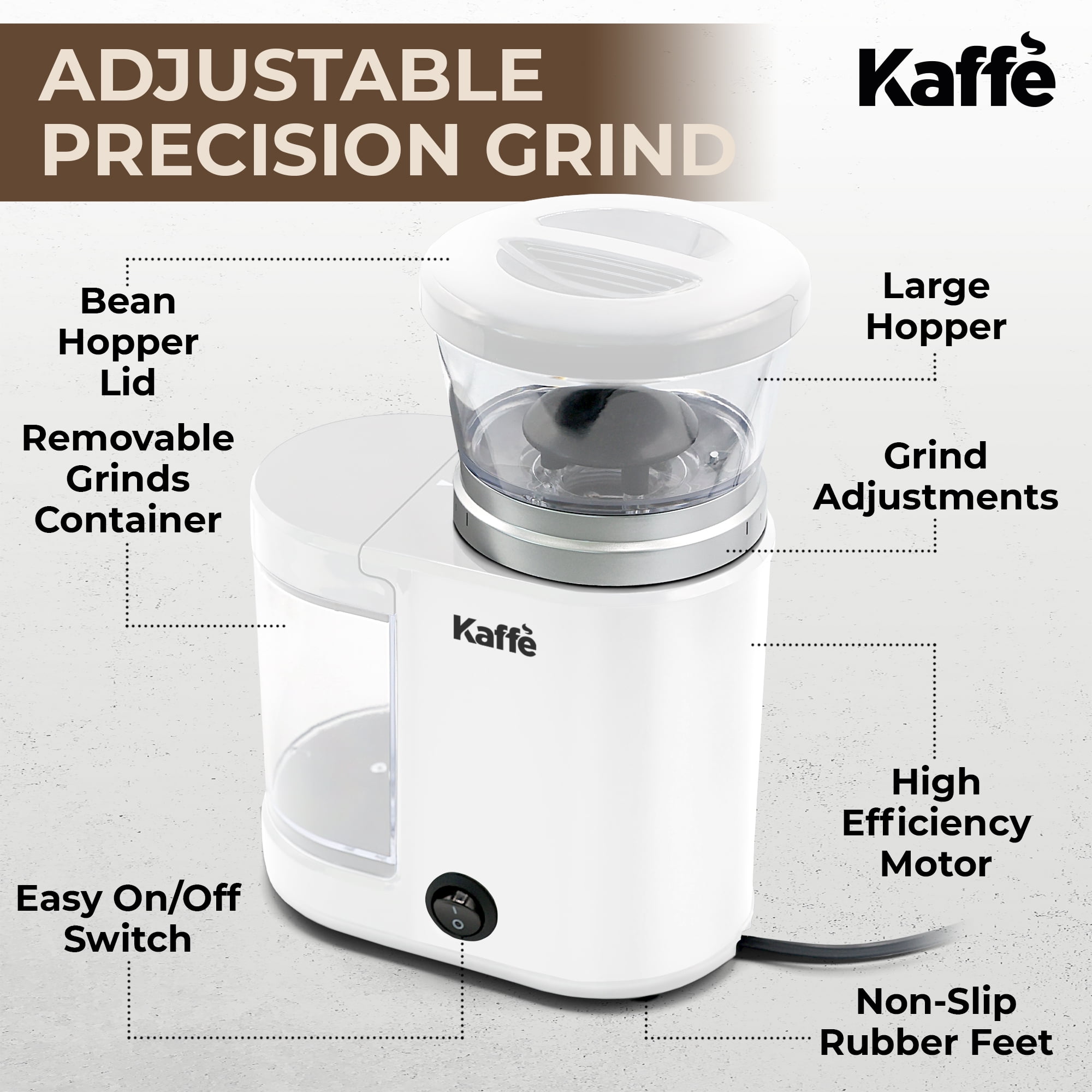 Kaffe Electric Burr Coffee Grinder (5.5oz) w/ Adjustable Coarseness Settings - Flat Burr - [New Upgraded Motor ] - Precision Coffee Bean Grinder for Home Use - White