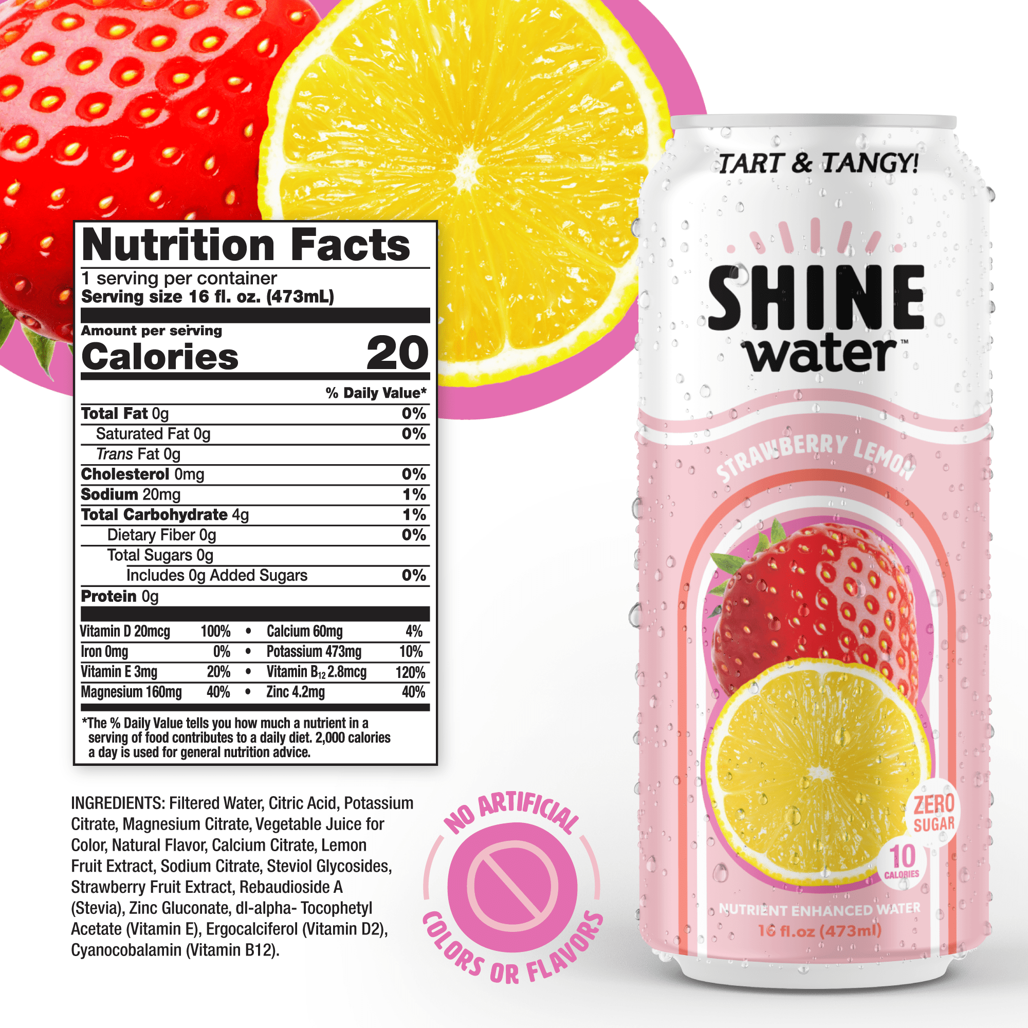 Shine Water Strawberry Lemon Vitamin D Electrolyte Drinks 12-Pack, Sugar Free Flavored Water with Magnesium, Zinc & Antioxidants, Low Calorie Hydration