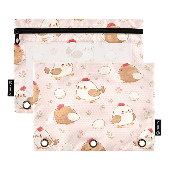 2 Pack 3 Ring Binder Pouch with Clear PVC Window Water Resistant Zipper Pencil Pouch Brown White Chicken Pattern Binder Pocket for Classroom Office Home Stationery Organization