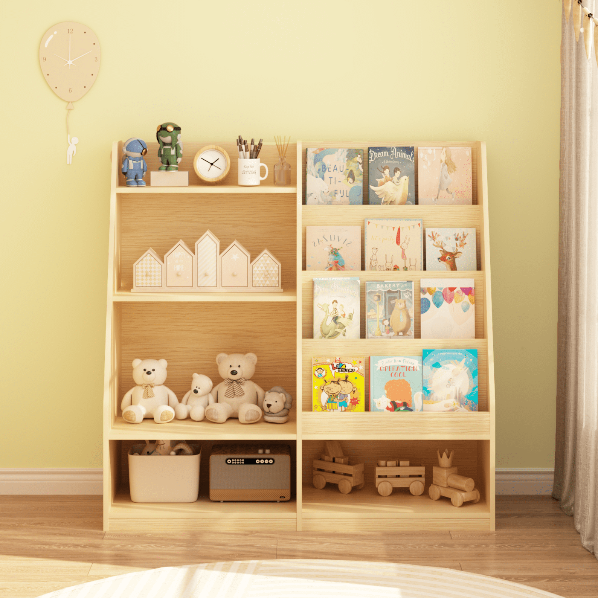 Kids Bookshelf and Toy Storage Organizer, Multifunctional 4 Tier Wooden Kids Book Shelf with Bookcase Display Stand in Kids Room Playroom Nursery for Kids, Children, Toddlers (Natural)