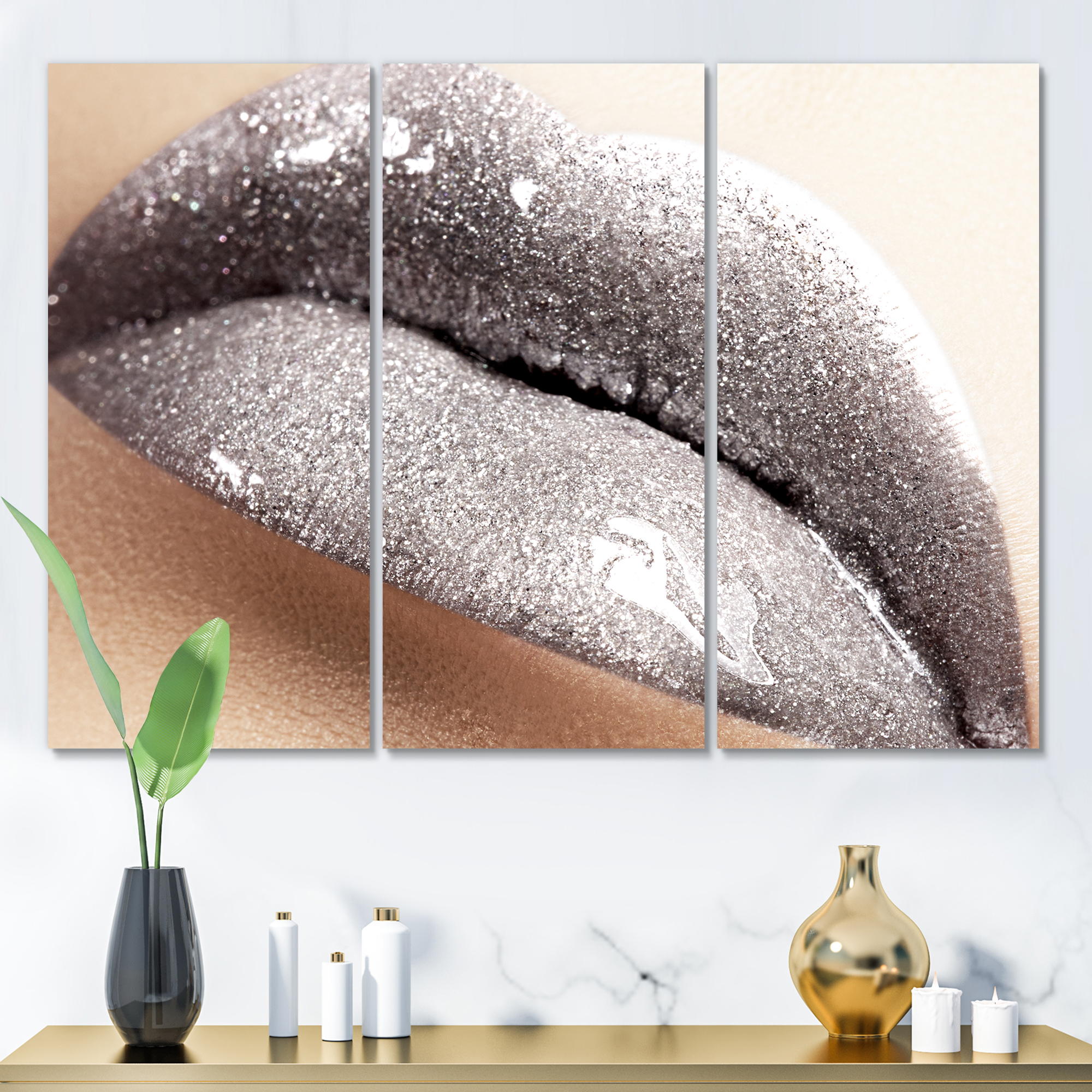 Designart ' Close Up of Female Lips With Glittering Silver ' Modern Canvas Wall Art Print