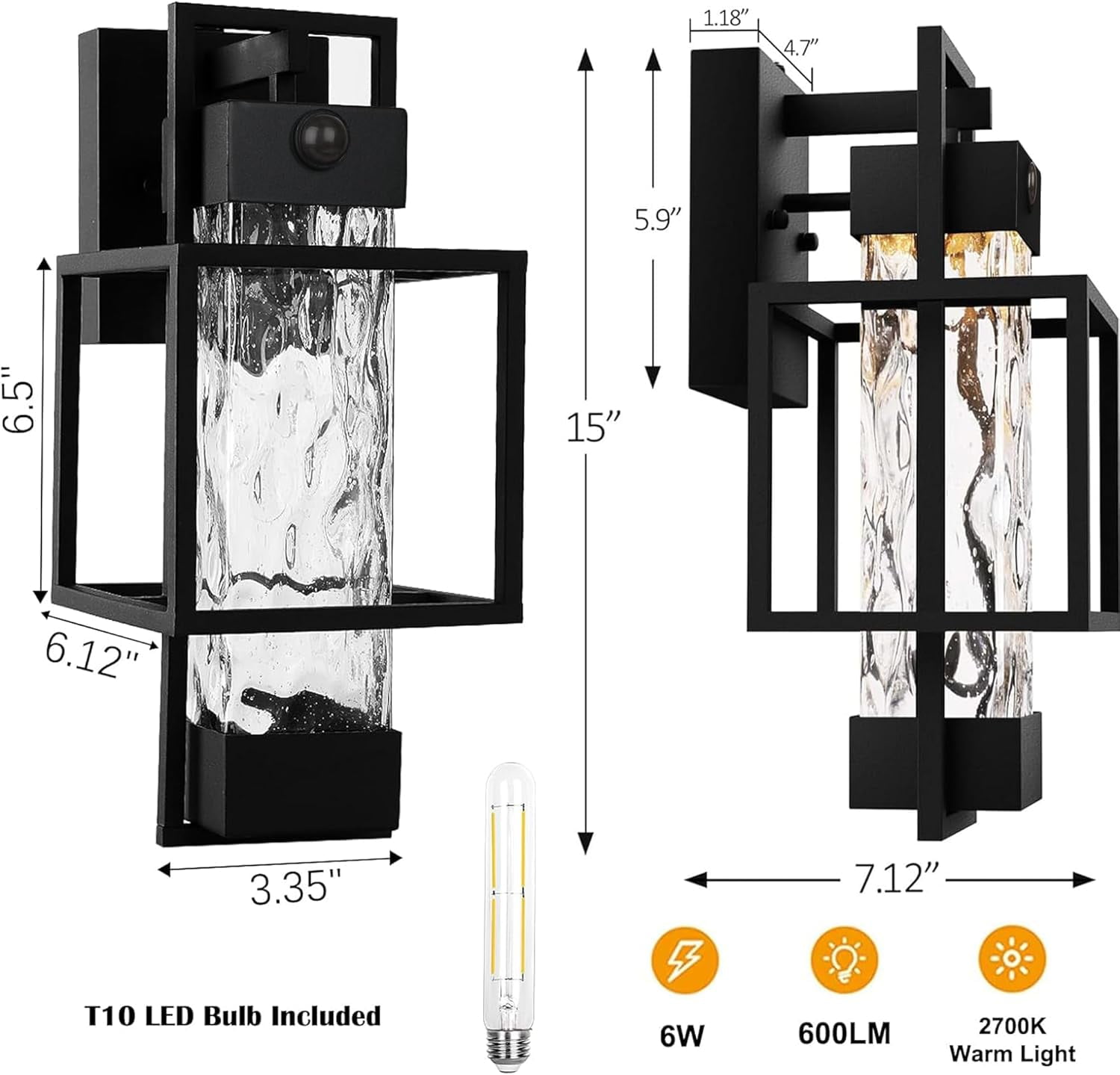Modern Motion Sensor Outdoor Wall Lights 2 Pack 15" Exterior Wall Sconce Waterproof Porch Light