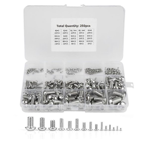 250pcs M2/ M2.5/ M3 /M4/ M5/ M6/ M8/ M10 Machine Screws Set for Laptop/Keyboard/Phone/PC (Hexagon So